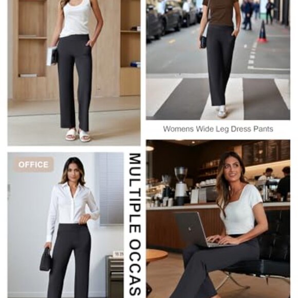 Stretchy Wide Leg Dress Pants Pull On Office Slacks with Pockets - Picture 6 of 8